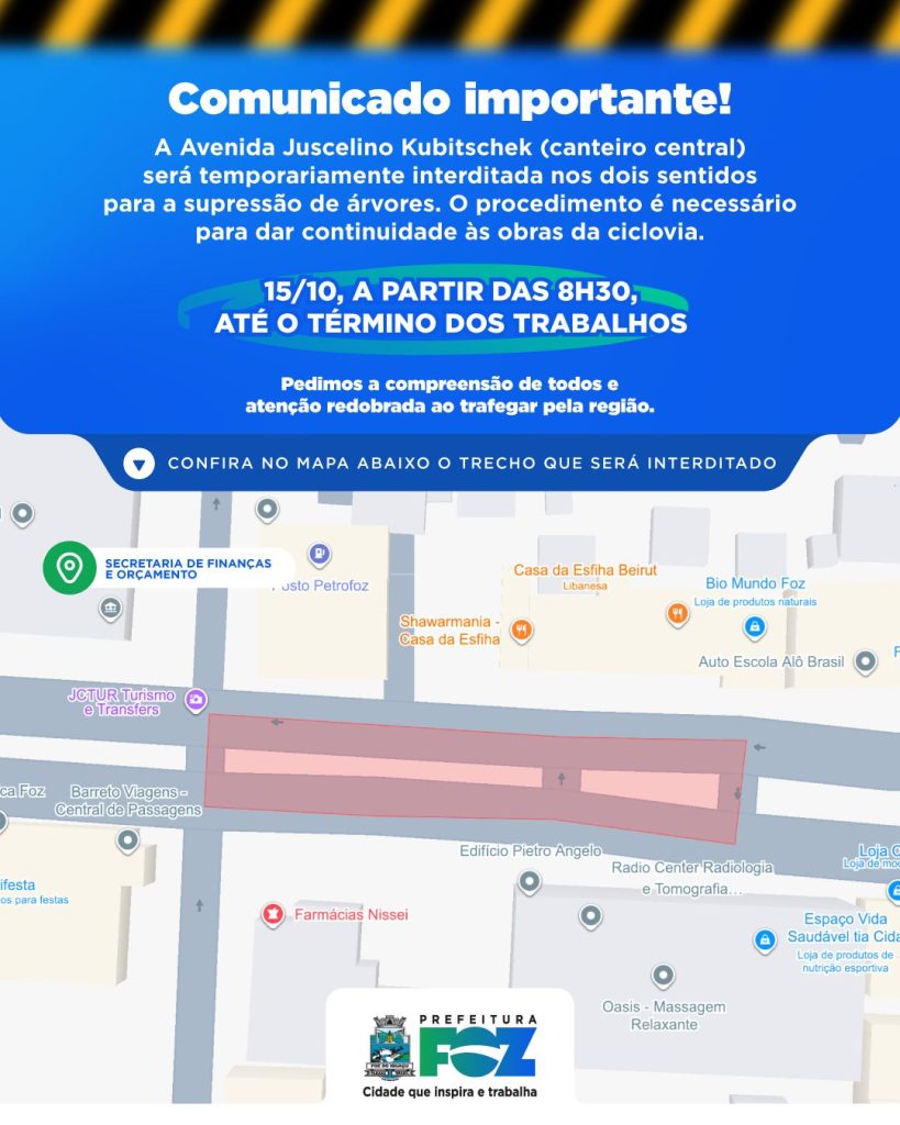 Supressão de árvores na Avenida JK nesta quarta para obras da ciclovia
