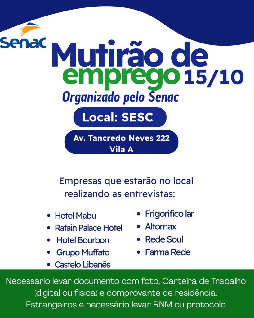 Agência do Trabalhador realiza mutirão de empregos no Sesc, na Vila A