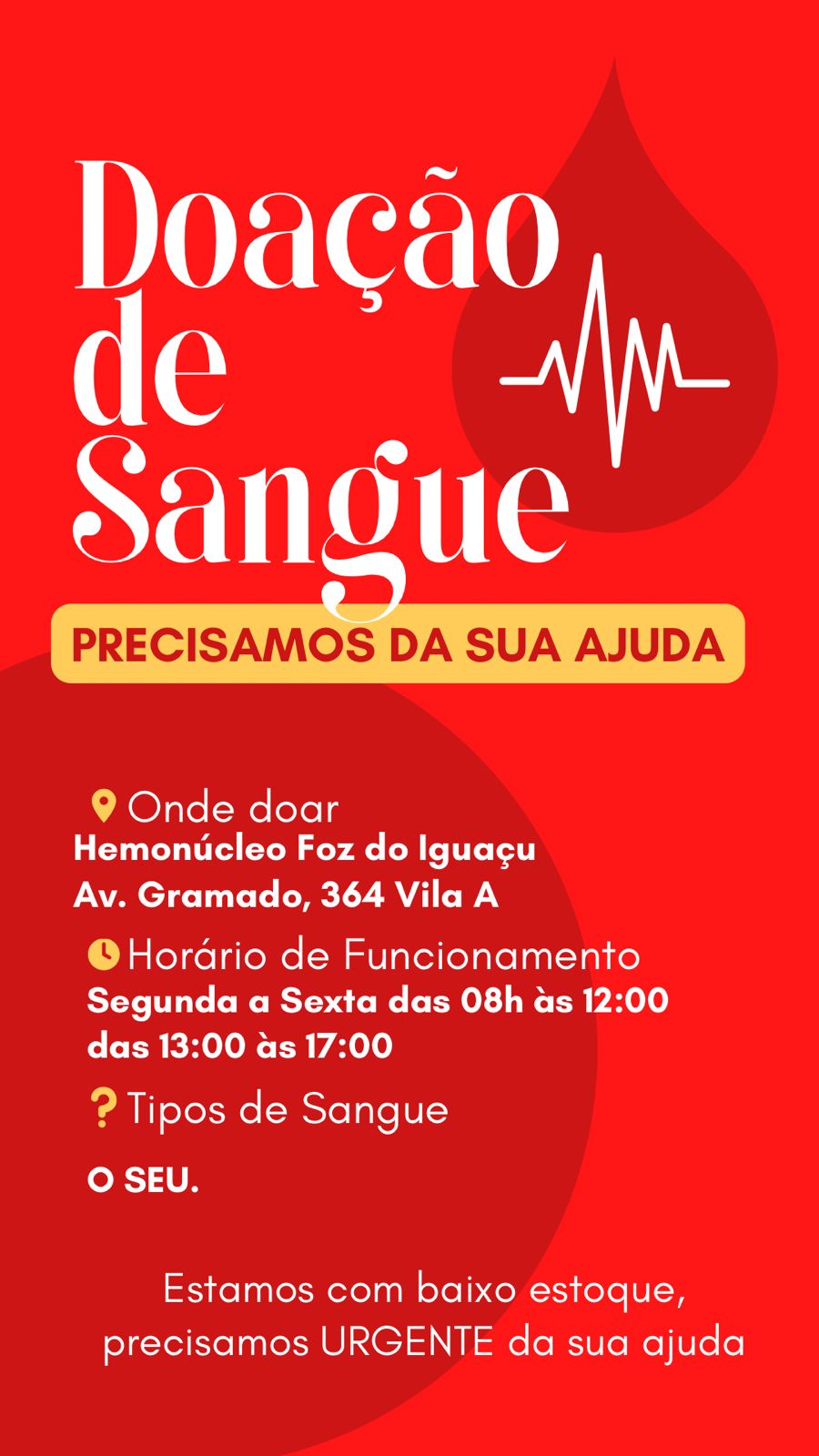 Doação de sangue em Foz do Iguaçu: Hemonúcleo convoca doadores para reforçar estoques