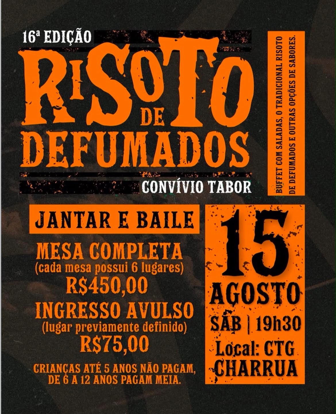 16º Risoto de Defumados do Convívio Tabor acontece em agosto no CTG Charrua