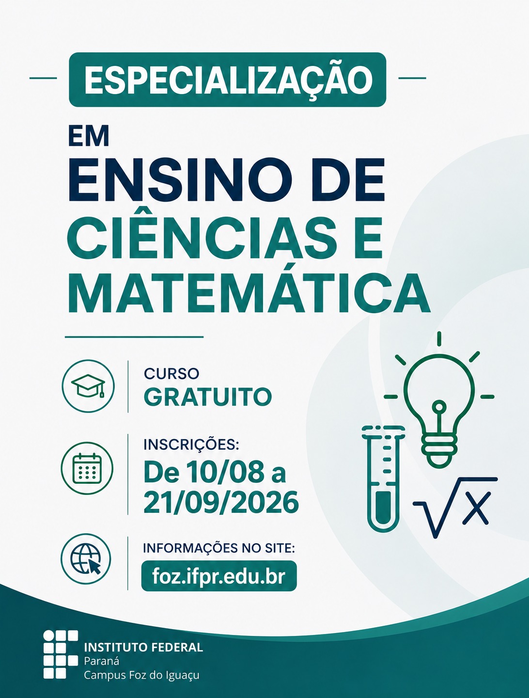 IFPR Foz do Iguaçu oferece especialização gratuita em Ensino de Ciências e Matemática