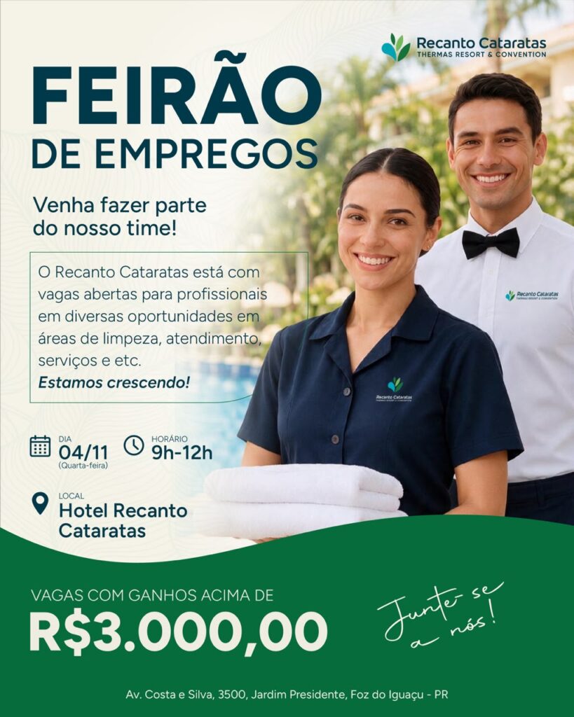 Recanto Cataratas realiza Feirão de Empregos com 12 vagas em Foz do Iguaçu
