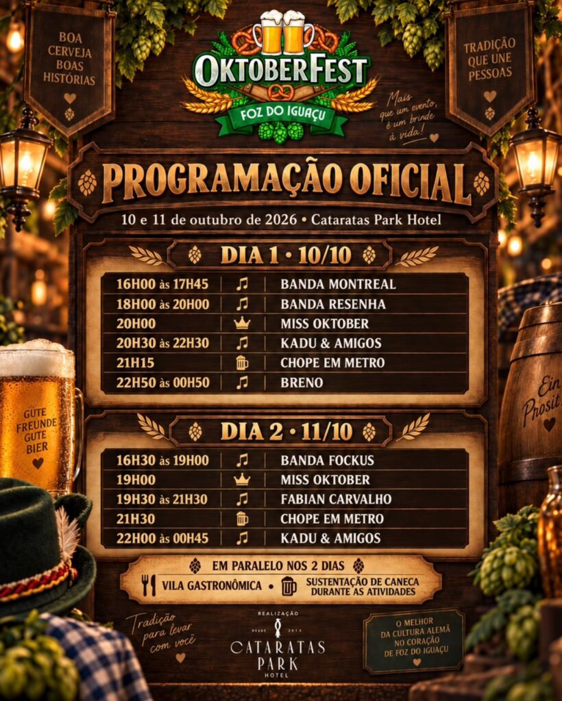 Oktoberfest Foz do Iguaçu 2026 acontece neste fim de semana com shows, gastronomia alemã e chope